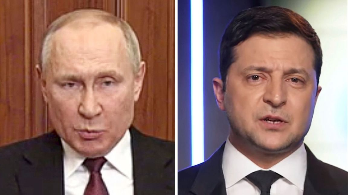 Den ryska presidenten Vladimir Putin och den ukrainska presidenten Volodymyr Zelenskyj. Foto: AP/TT 