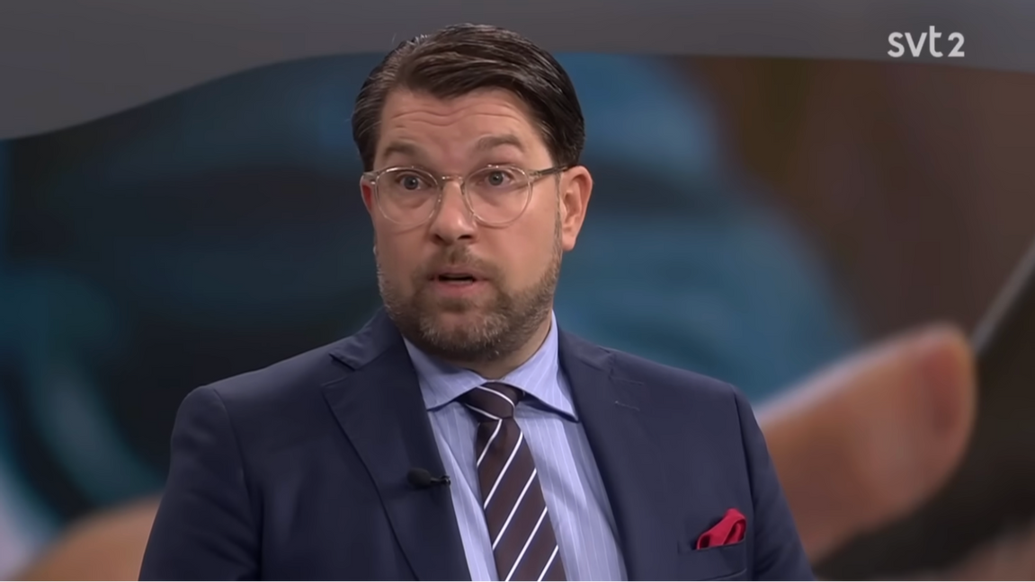 Jimmie Åkesson (SD) under en tidigare debatt i SVT:s Aktuellt. Foto: Skärmavbild via SVT