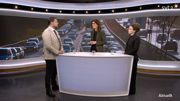 Jimmie Åkesson (SD) och Amanda Lind (MP) möttes i Aktuellt för att debattera drivmedelsskatten. Foto: Skärmavbild/SVT