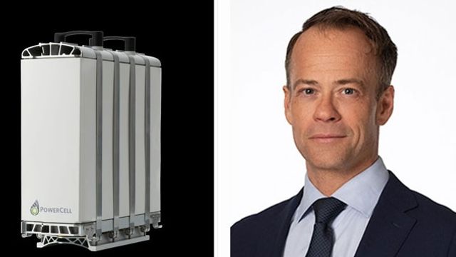 Powercells bränslecellssystem och bolagets vd Richard Berkling. Foto: Powercell Group