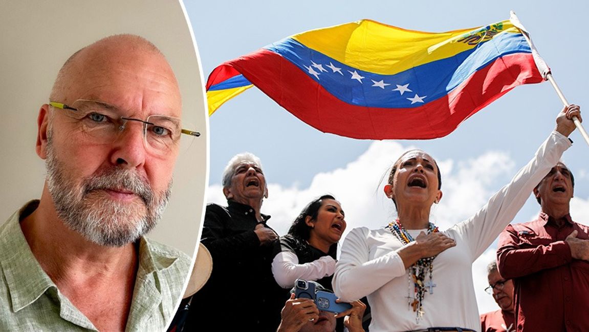 Paul Holmgren och årets nobelpristagare, flagghållaren María Corina Machado, till höger. Foto: Privat/Cristian Hernandez/AP/TT