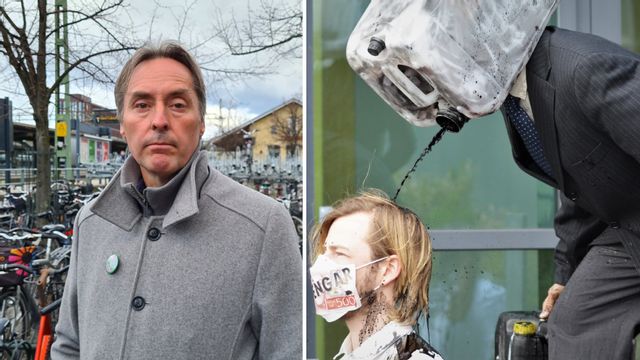 Pontus Bergendahl är numera klimataktivist på heltid. Till höger en bild från en aktion framför ett SEB-kontor i Malmö som han var med och planerade. Foto: Sören Billing/Extinction Rebellion Skåne.