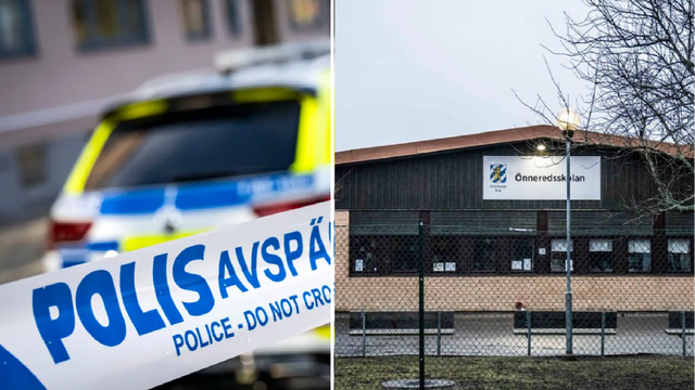 Önneredsskolan i Göteborg där rektorn utsattes för allvarliga hot, både i form av pulverbrev och klotter på fasaden. Foto: TT/Montage Bulletin