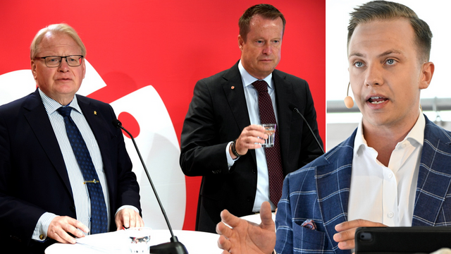 Partiledare Jimmie Åkesson och Sverigedemokraternas rättspolitiske talesperson Tobias Andersson rasar mot Socialdemokraternas uttalande. Foto: Marko Säväälä/Henrik Montgomery/TT