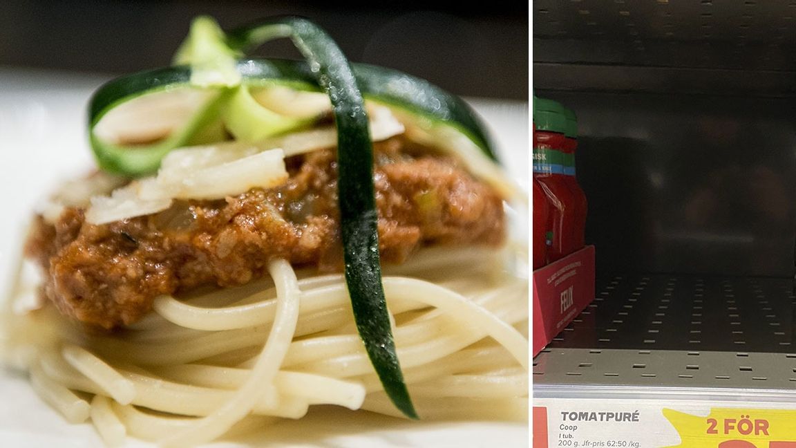 Bolognesen är hotad när det råder brist på tomatpuré i Sverige. Bilden till höger visar en tom hylla på Coop i Stockholm. Foto: Pavel Houbek/TT och Isabelle Eriksson