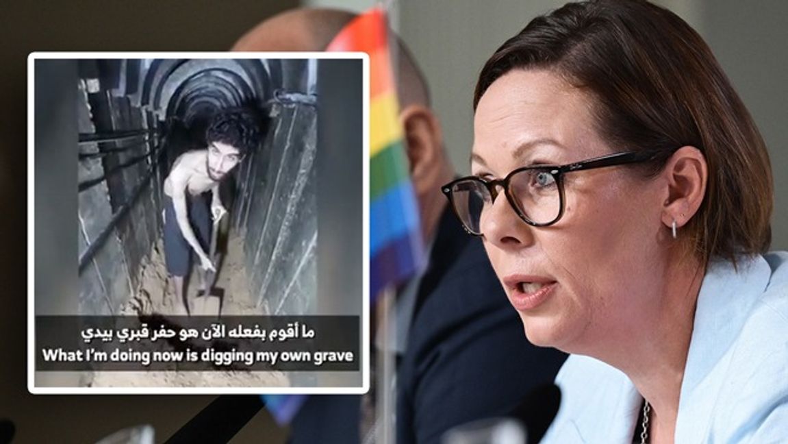 Utrikesminister Maria Malmer Stenergard till höger. Israeliska gisslan Evyatar David infälld, grävandes sin egen grav. Foto: Magnus Lejhall/TT