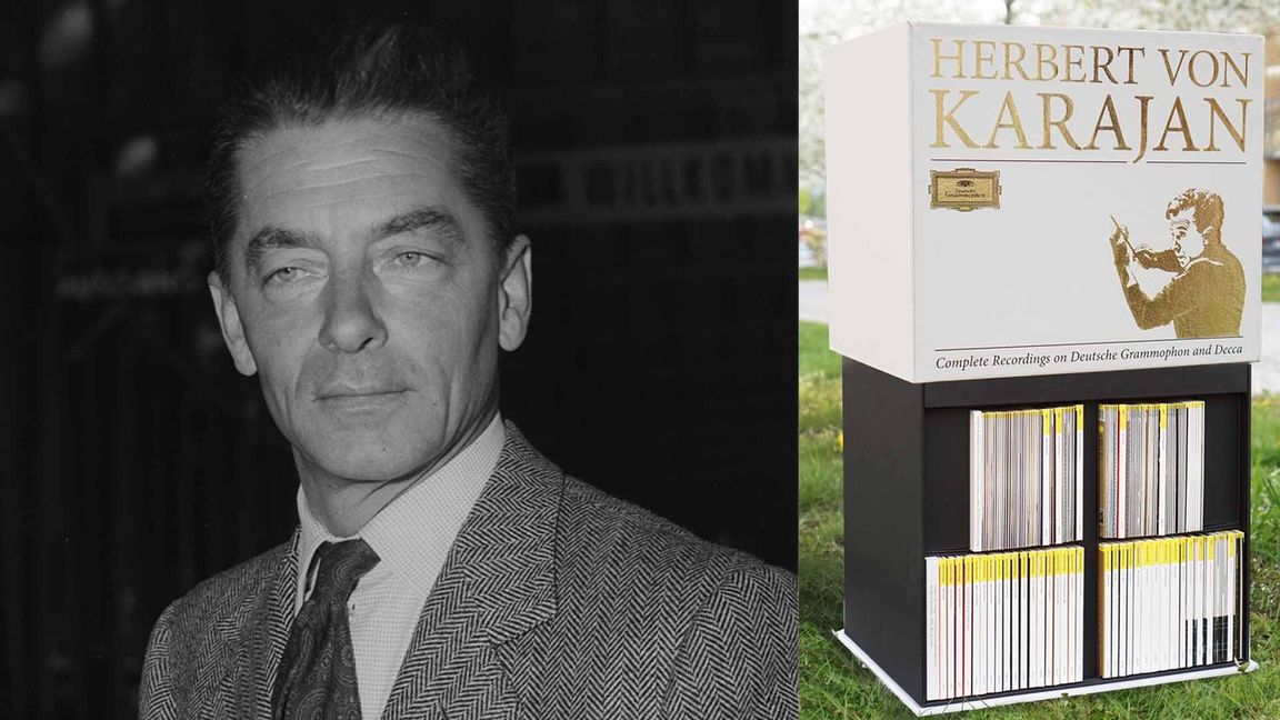 Vänster: Herbert von Karajan i september 1957. Foto: Heinrich Sanden Jr. (AP/TT). | Höger: Världens största CD-box. Foto: Hampus Widlöf 