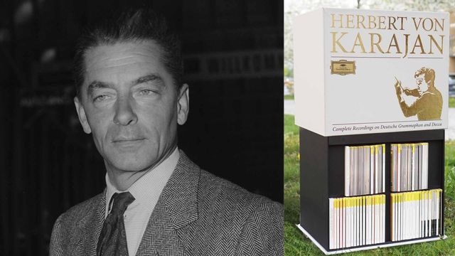 Vänster: Herbert von Karajan i september 1957. Foto: Heinrich Sanden Jr. (AP/TT). | Höger: Världens största CD-box. Foto: Hampus Widlöf
