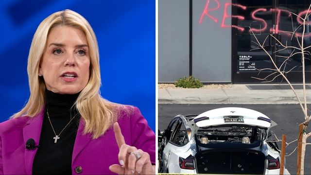 Pam Bondi lovar att sätta åt sabotörer av Tesla-bilar. Foto: AP
