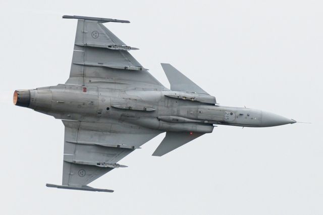 Jas 39 Gripen i samband med flygövning i Uppsala. Foto: Melcher Ekströmer/TT
