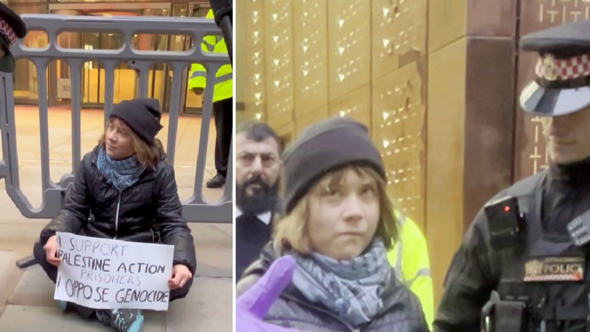 Greta Thunberg i London. Foto: Skärmdump via X/Sky News