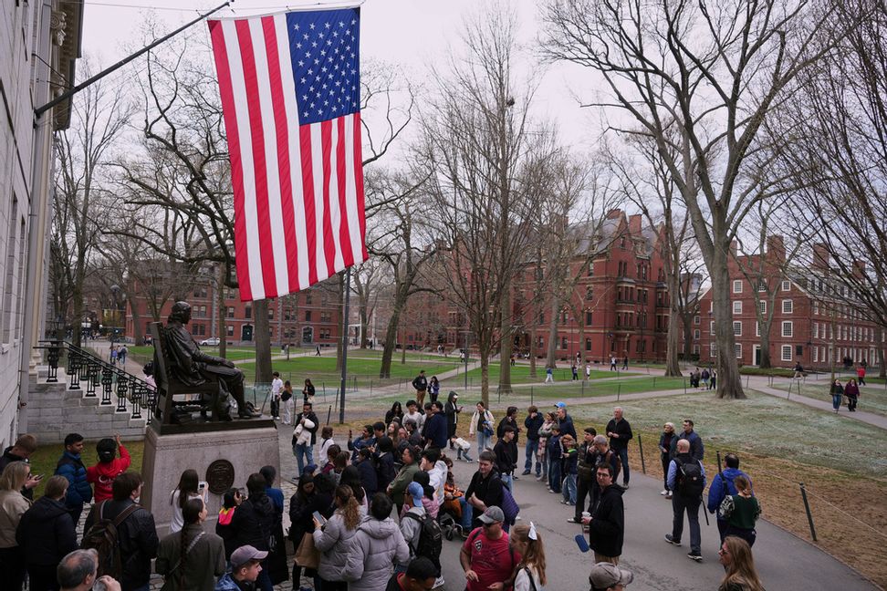 Besökare på guidad tur på Harvards universitetsområde i veckan. Foto: Charles Krupa/AP/TT
