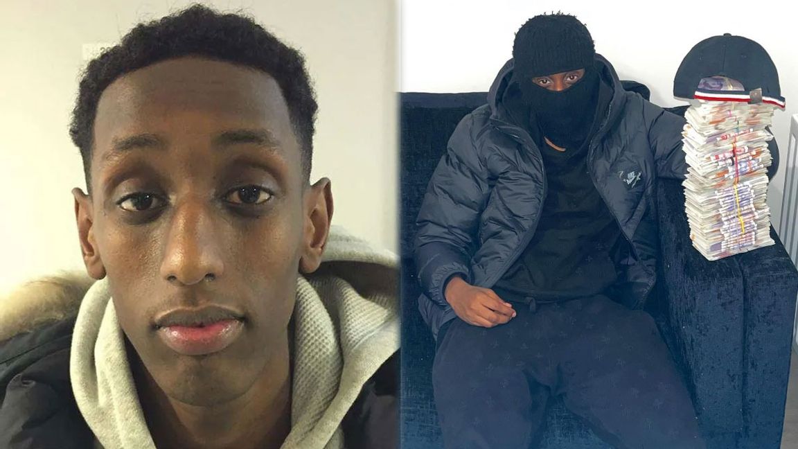 Abas Abdikarim Bakar aka 1.Cuz var enligt uppgifter måltavlan för en av nattens sprängningdåd i Stockholm. På bilden till höger poserar han med en hög pengar i december 2022. Foto: Polisen/Instagram