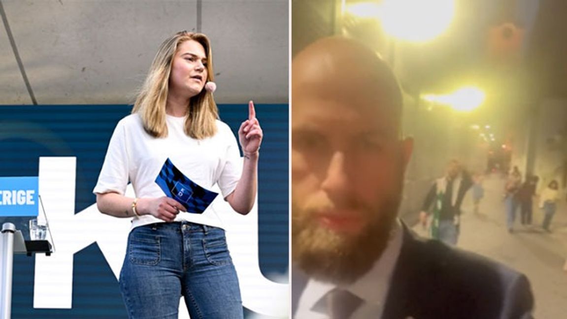 KDU:s förbundsordförande Louise Hammargren och den förföljde Carl-Oskar Bohlin. Bild: Jessica Gow/TT/Faksmimil X