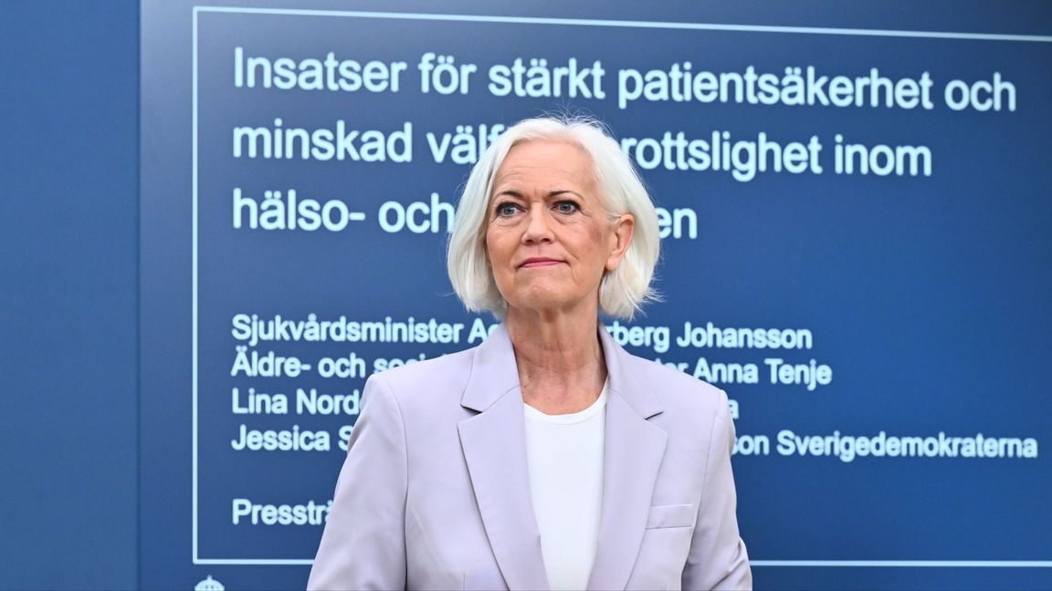 Sjukvårdsminister Acko Ankarberg Johansson (KD) presenterar regeringens nya utredning mot välfärdsbrottslighet på en pressträff. Foto: Claudio Bresciani/TT