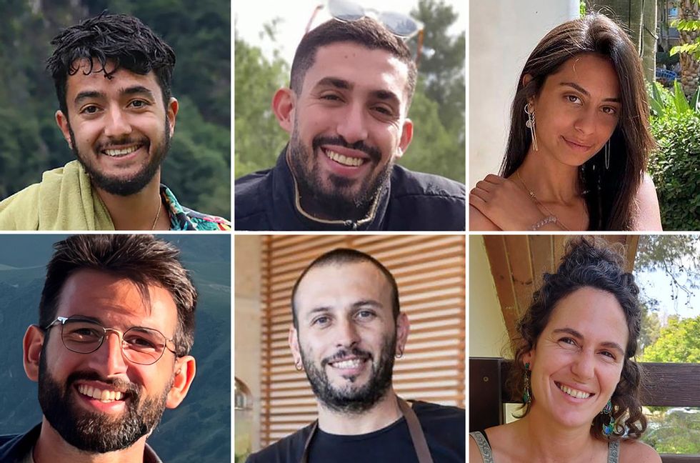 Uppifrån från vänster: Hersh Goldberg-Polin, Ori Danino, Eden Yerushalmi, Almog Sarusi, Alexander Lobanov och Carmel Gat, som hittades tillsammans i en Hamastunnel i Gaza den 31 augusti. Forum för gisslan och saknades familjer via AP/TT