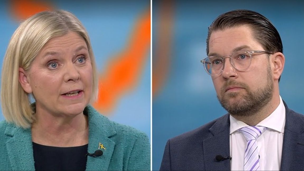 Magdalena Andersson och Jimmie Åkesson debatterade ekonomisk politik på onsdagen. Foto: SVT