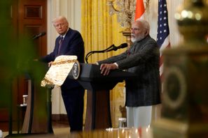 USA:s president Donald Trump och Indiens premiärminister Narendra Modi i Vita huset i Washington i februari. Foto: Ben Curtis/AP/TT