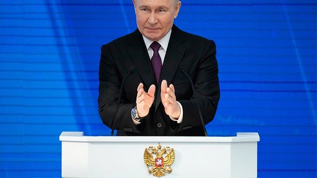 Rysslands president Vladimir Putin under sitt linjetal i Moskva. Foto: Alexander Zemlianichenko/AP/TT