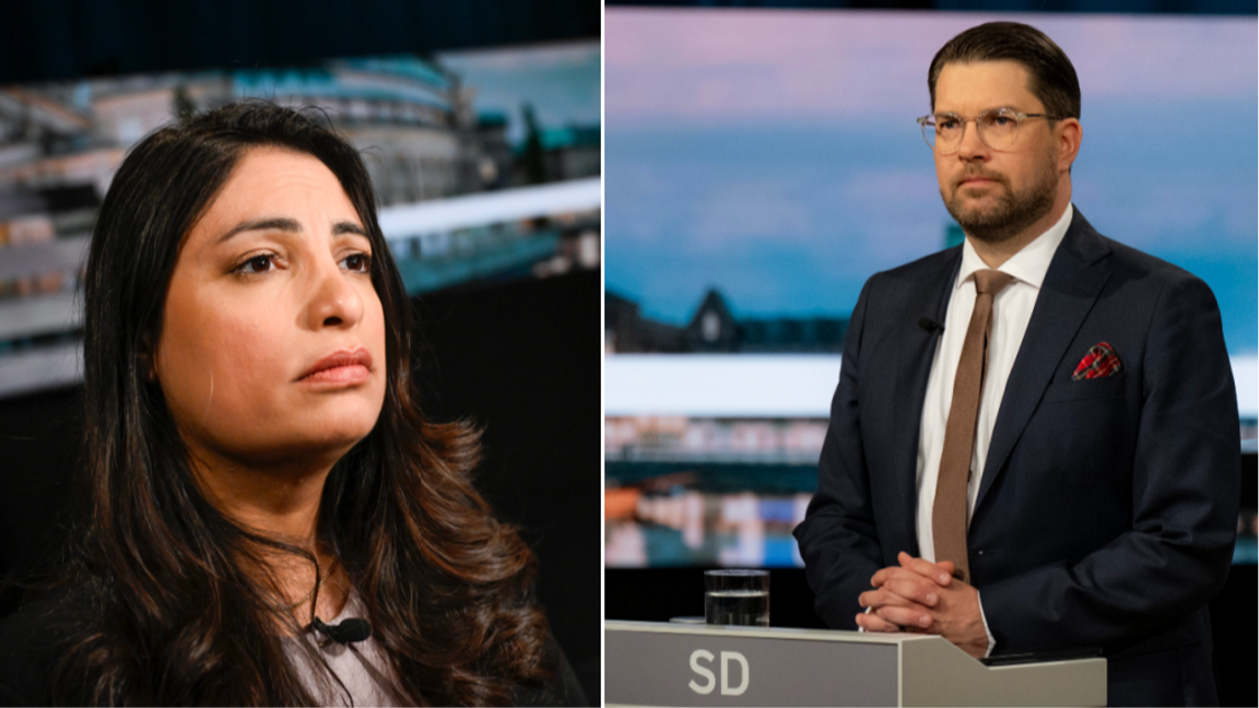 V-ledaren Nooshi Dadgostar och SD-ledaren Jimmie Åkesson under söndagens partiledardebatt i SVT. Montage. Foto: Pontus Lundahl/TT