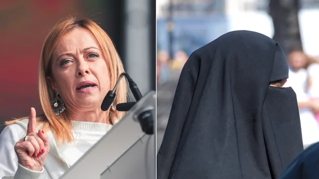 Giorgia Melonis regering har godkänt ett förbud mot burka och niqab i italienska skolor. Till höger en kvinna i niqab. Foto: Vox España / Petar Milošević, CC BY-SA 3.0, via Wikimedia Commons