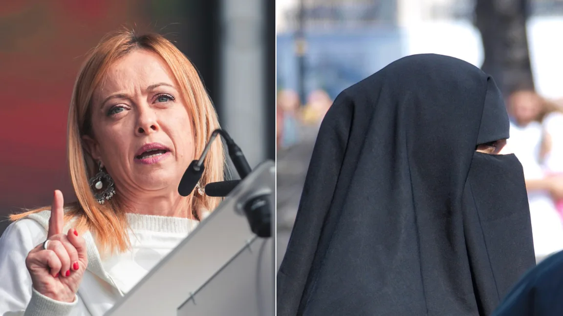Giorgia Melonis regering har godkänt ett förbud mot burka och niqab i italienska skolor. Till höger en kvinna i niqab. Foto: Vox España / Petar Milošević, CC BY-SA 3.0, via Wikimedia Commons