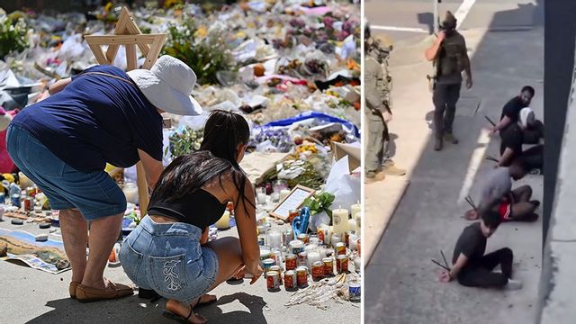 Till vänster: Minnesplats för offren i terrordådet i Sydney. Till höger: männen som greps på torsdagen vid en polisinsats. Foto: Steven Markham/AP/TT/X