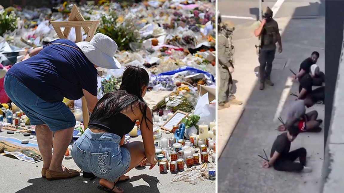 Till vänster: Minnesplats för offren i terrordådet i Sydney. Till höger: männen som greps på torsdagen vid en polisinsats. Foto: Steven Markham/AP/TT/X