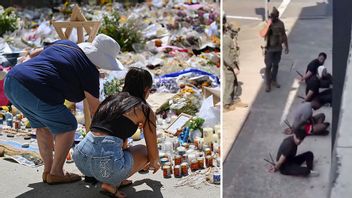 Till vänster: Minnesplats för offren i terrordådet i Sydney. Till höger: männen som greps på torsdagen vid en polisinsats. Foto: Steven Markham/AP/TT/X