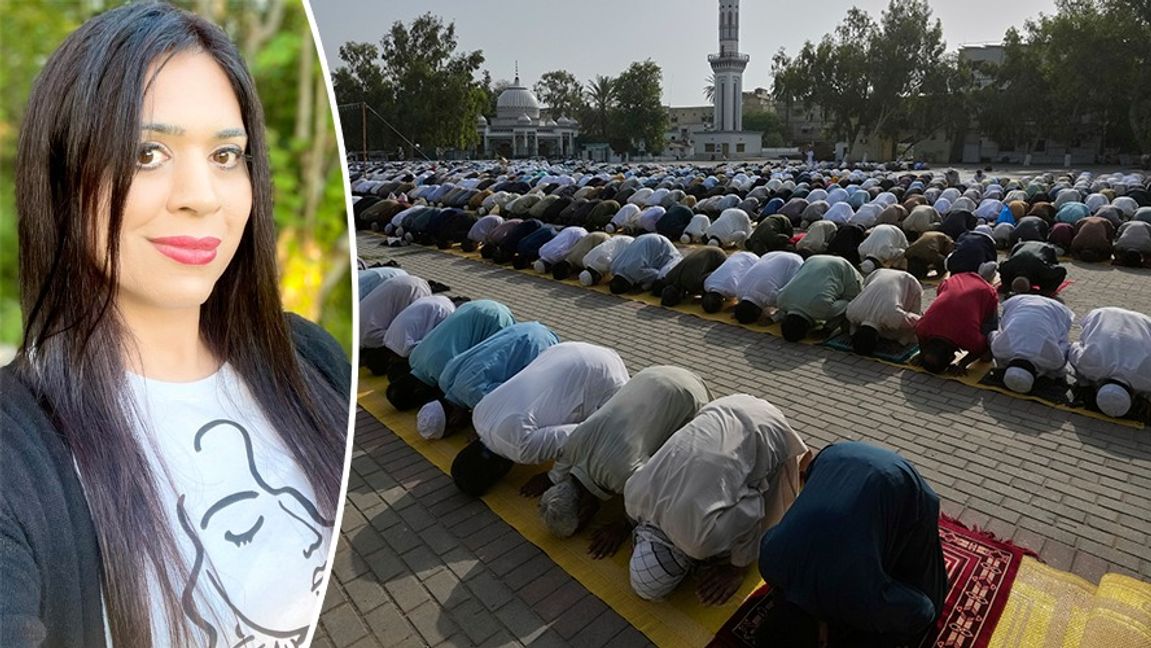 Till vänster: Hanna Tehrani (SD). Till höger: Muslimsk bön i Pakistan. Arkivbild. Foto: Privat/Anjum Naveed/AP/TT