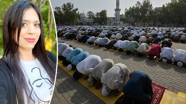 Till vänster: Hanna Tehrani (SD). Till höger: Muslimsk bön i Pakistan. Arkivbild. Foto: Privat/Anjum Naveed/AP/TT