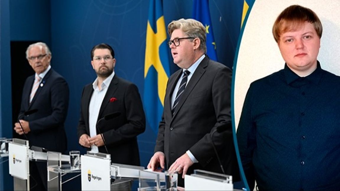 Jimmie Åkesson stirrar hungrigt på sitt villebråd, justitieminister Gunnar Strömmer. Låt ”The Game of Ministerposter” börja! FOTO: Fredrik Sandberg/TT