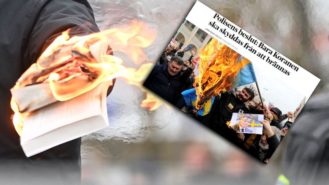 Polisen förnekar DN:s uppgifter om att koranen ska skyddas från att brännas. Foto: Fredrik Sandberg/TT och Faksimil DN.se