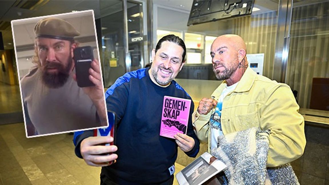 Rapparen Douogge Doggelito tar en selfie med Jan Emanuel i Södertörns Tingsrätt, samt en av de selfies åtalet gäller. Bild: Christine Olsson / TT 