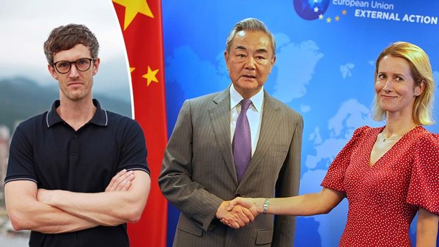 Till vänster: Jojje Olsson. Till höger: Kinas utrikesminister Wang Yi och EU:s utrikeschef Kaja Kallas. Foto: Mela Pan/Virginia Mayo/AP/TT