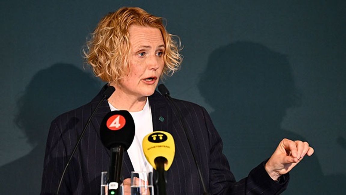 Centerpartiets nyvalda partiledare Anna-Karin Hatt håller pressträff efter att ha blivit vald på partiets extrastämma på lördagen. Foto: Anders Wiklund / TT 