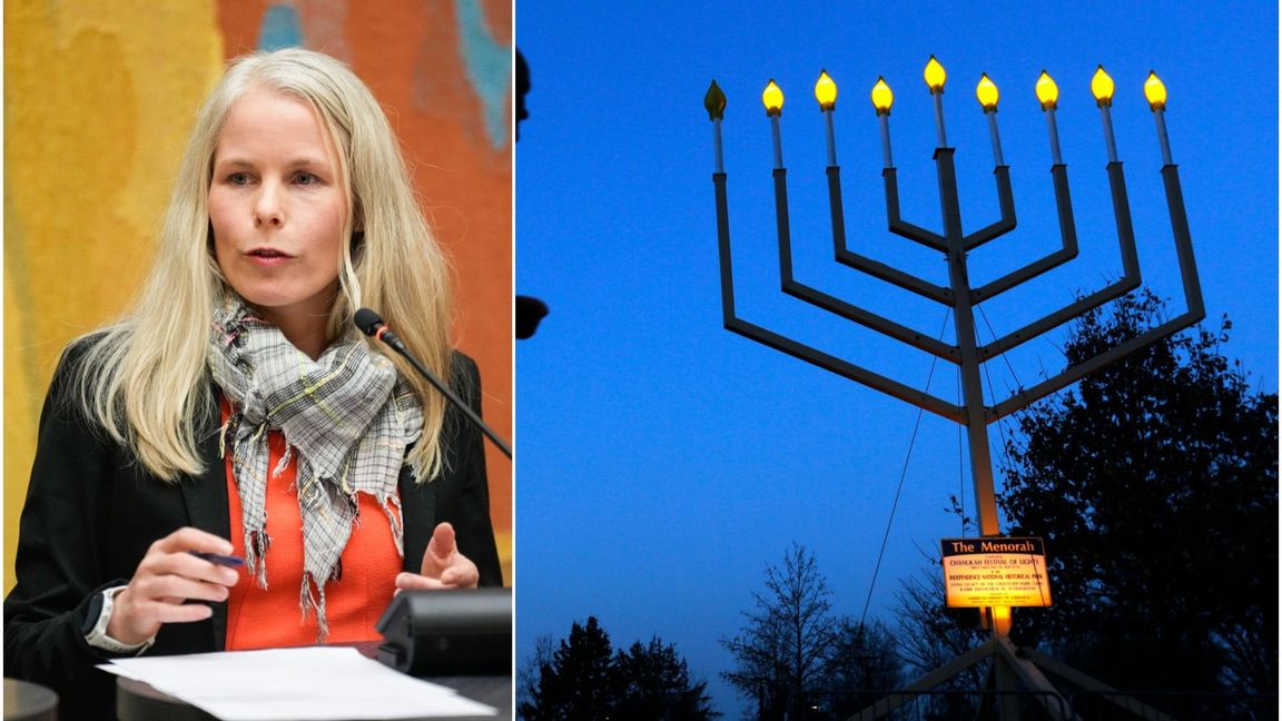 Kirsti Bergstø var med under manifestationen där en menora tändes. Foto: Heiko Junge/NTB/TT/Matt Rourke/AP/TT