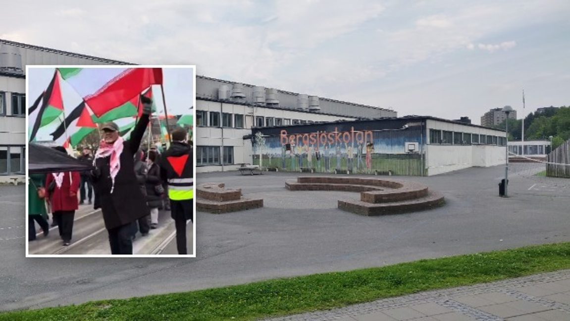 I förgrunden grundskolerektor Monzer El-Sabini under Iranska regimens flagga. Bild:Faksimil X via 100%/Alicia Fagerving/CC BY-SA 4.0