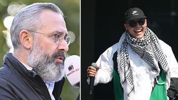 Aron Flam och Kneecap-rapparen Liam Óg Ó hAnnaidh. Bild: Henrik Montgomery/TT/Scott A Garfitt/Invision/AP