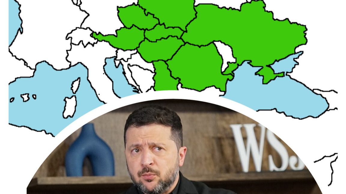 Kollage med karta över de 8 länder i ”Karpatiska Åttan”/C8 och president Volodymyr Zelenskyj. Karta, foto: ”Smurfsfan” och Xuthoria under en intervju 22 september 2026, Wikimedia commons.