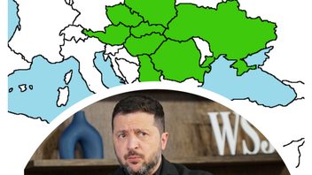 Kollage med karta över de 8 länder i ”Karpatiska Åttan”/C8 och president Volodymyr Zelenskyj. Karta, foto: ”Smurfsfan” och Xuthoria under en intervju 22 september 2026, Wikimedia commons.