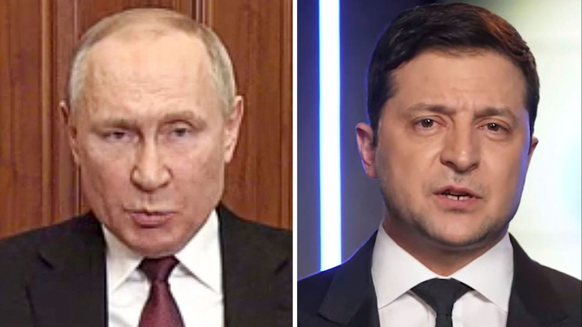 Rysslands president Vladimir Putin och Ukrainas president Volodymyr Zelenskyj. Foto: Russian Presidential Press Service/Ukrainian Presidential Press Office/AP/TT