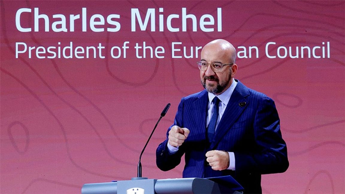 EU:s rådsordförande Charles Michel talar utvidgning vid ett möte i Slovenien. Daniel Novakovic/AP/TT