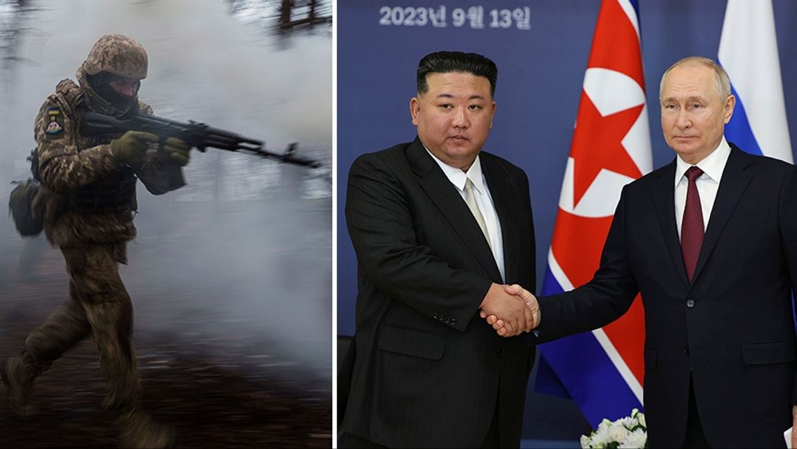 Varken Kim Jong-Un eller Vladimir Putin har bekräftat att nordkoreanska soldater satts in i striderna mot Ukraina. Till vänster: Ukrainsk soldat i Donetsk. Foto: Evgeniy Maloletka/Vladimir Smirnov/AP/TT