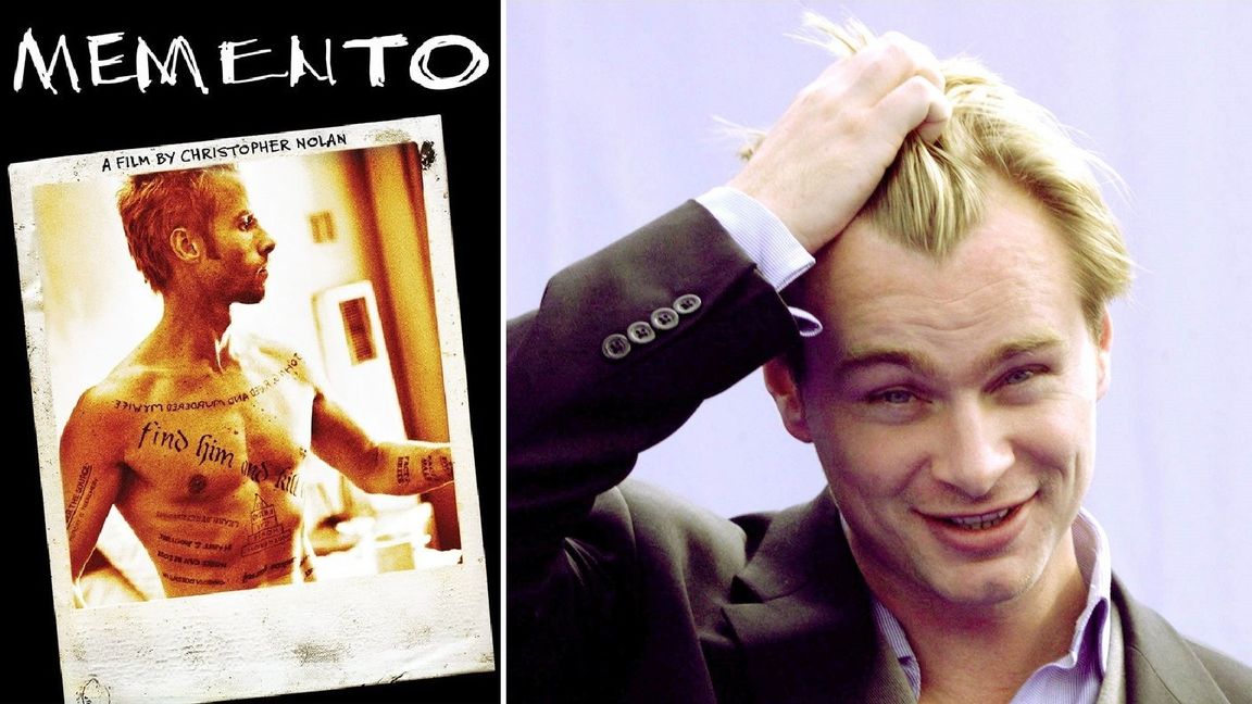 Memento (2000) filmaffisch (vänster). Foto: Etsy/Pinterest | Christopher Nolan vid filmfestivalen i Deauville, september 2000 (höger). Foto: AP Photo/Franck Prevel/TT