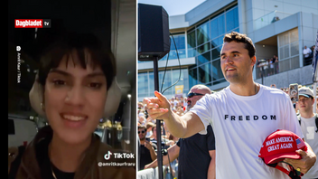 Amrit Kaur, ledare för yttervänsterförbundet Rød Ungdom, hånade mordet på den amerikanske MAGA-debattören Charlie Kirk i en TikTok-video som nu har tagits ned. Foto: Dagbladet/Tiktok, Tess Crowley/AP/TT
