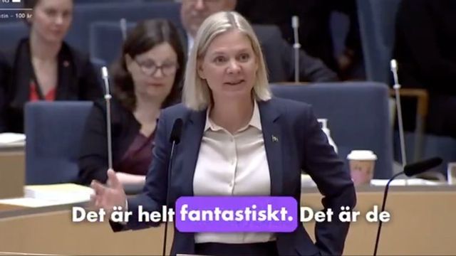 Magdalena Andersson jublade 2022 över Northvolt och Miljöpartiet. Foto: Riksdagen