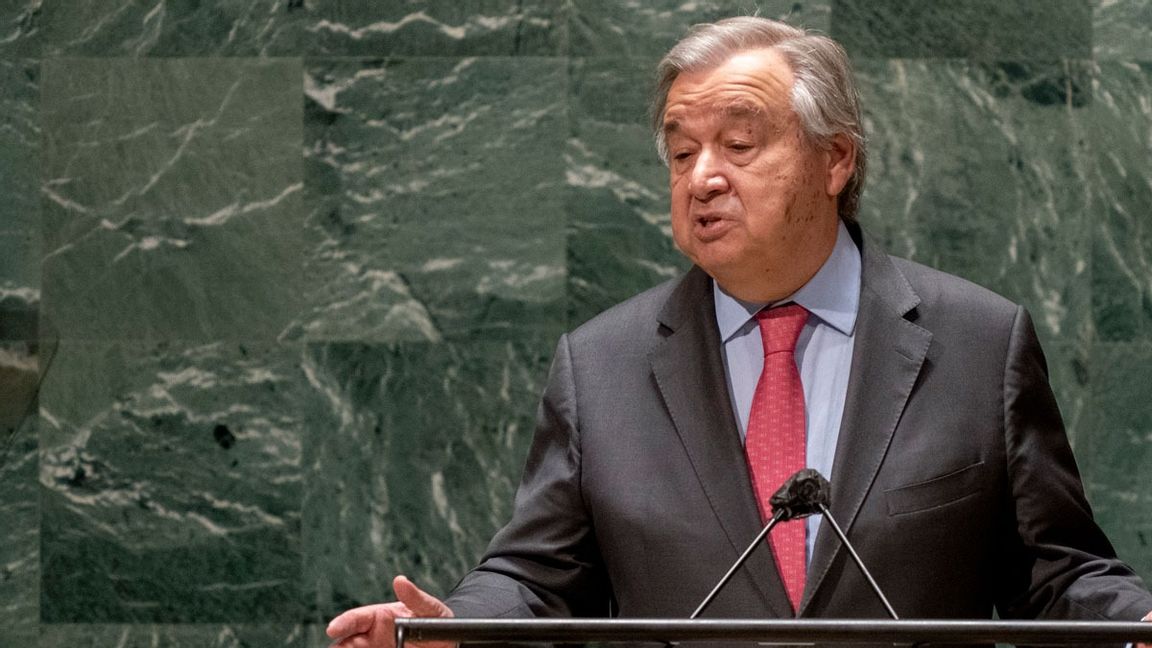 FN:s generalsekreterare António Guterres fördömer den ryska invasionen av Ukraina. Foto: John Minchillo/AP/TT