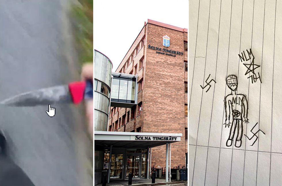 I förundersökningen syns hur 14-åringen klottrat sitt alias i skolböcker, tillsammans med 764 och NLM. Foto: Polisens förundersökning och Tim Aro/TT