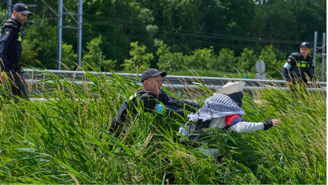 Holländsk polis grep på måndagen klimataktivister som blockerade motorvägen A44 nära Lisse inför NATO-toppmötet i Haag. Foto: Peter Dejong/AP/TT
